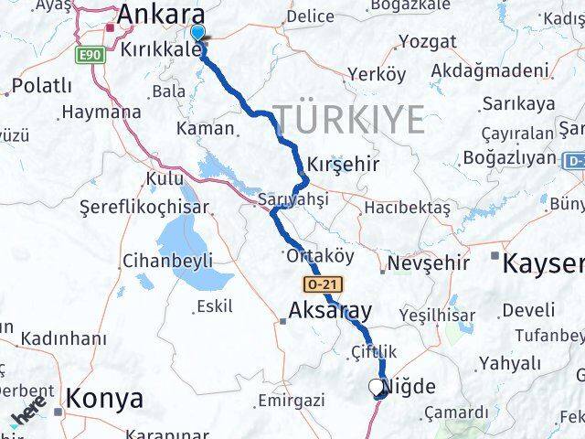 Kırıkkale Yahşihan Niğde Arası Kaç Km - Yol Haritası