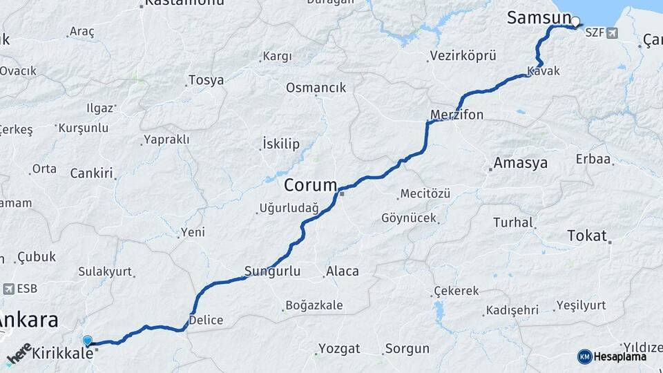 Kırıkkale Yahşihan Samsun Arası Kaç Km - Yol Haritası