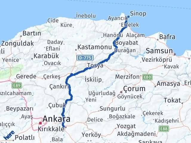 Kırıkkale Yahşihan Sinop Arası Kaç Km - Yol Haritası