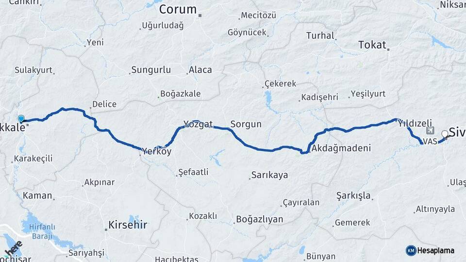 Kırıkkale Yahşihan Sivas Arası Kaç Km - Yol Haritası