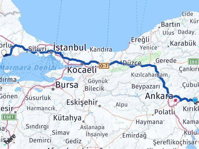 Kırıkkale Yahşihan Tekirdağ Arası Kaç Km - Yol Haritası