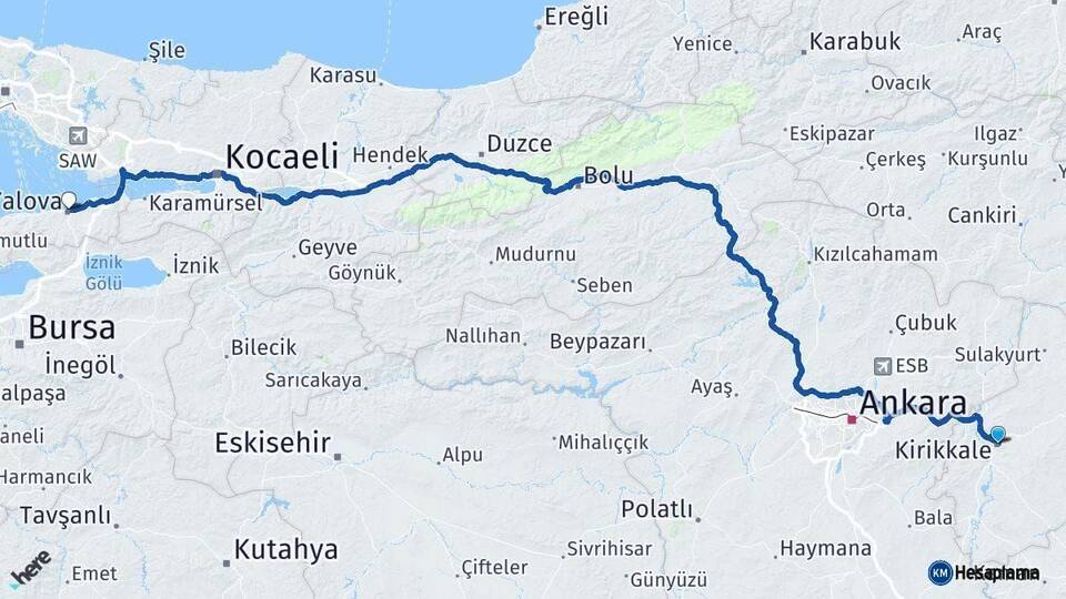Kırıkkale Yalova Arası Kaç Km - Yol Haritası