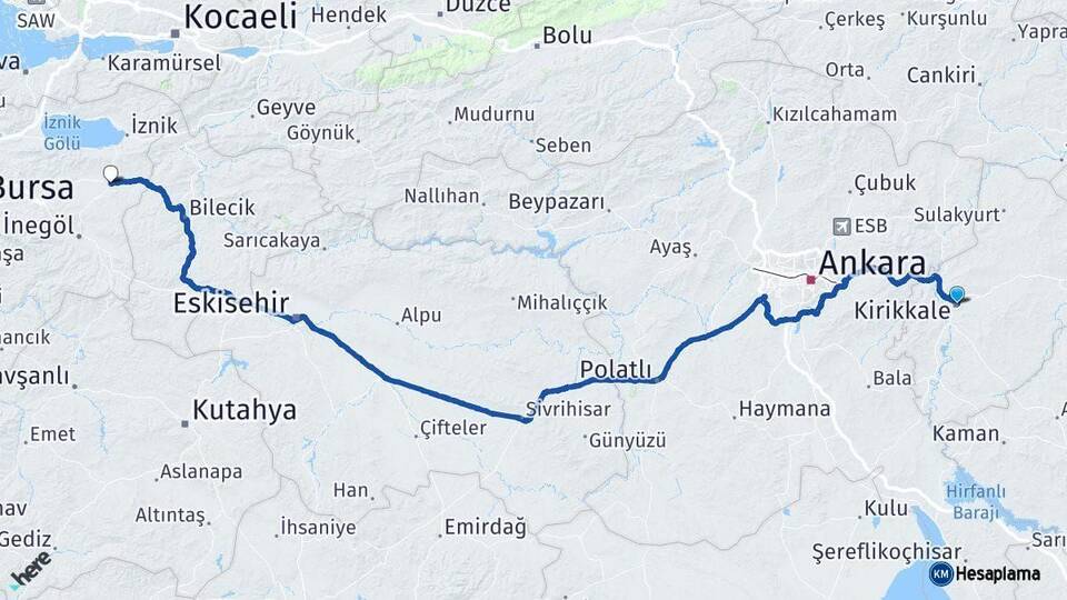 Kırıkkale Yenişehir Bursa Arası Kaç Km - Yol Haritası