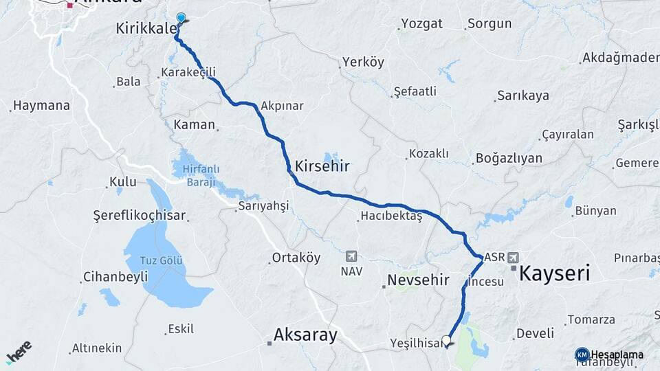 Kırıkkale Yeşilhisar Kayseri Arası Kaç Km - Yol Haritası