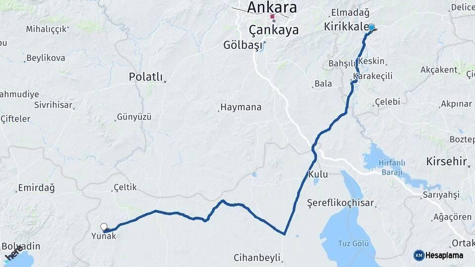 Kırıkkale Yunak Konya Arası Kaç Km - Yol Haritası