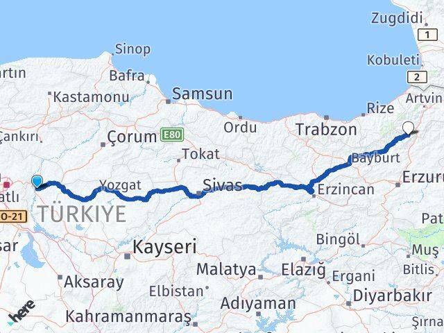 Kırıkkale Yusufeli Artvin Arası Kaç Km - Yol Haritası
