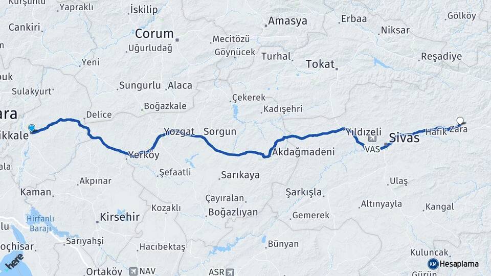 Kırıkkale Zara Sivas Arası Kaç Km - Yol Haritası