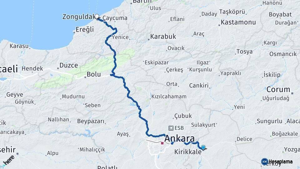 Kırıkkale Zonguldak Arası Kaç Km - Yol Haritası