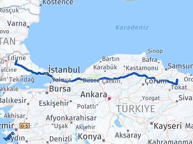 Kırklareli Akkuş Ordu Arası Kaç Km - Yol Haritası