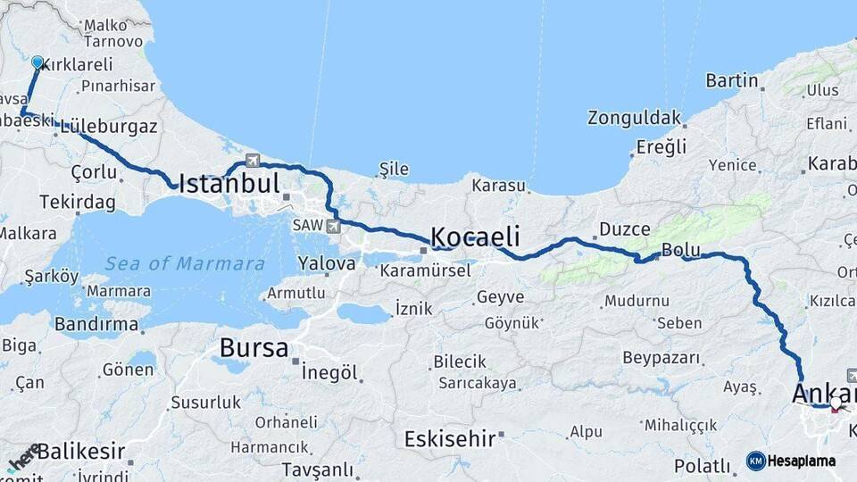 Kırklareli Ankara Arası Kaç Km - Yol Haritası