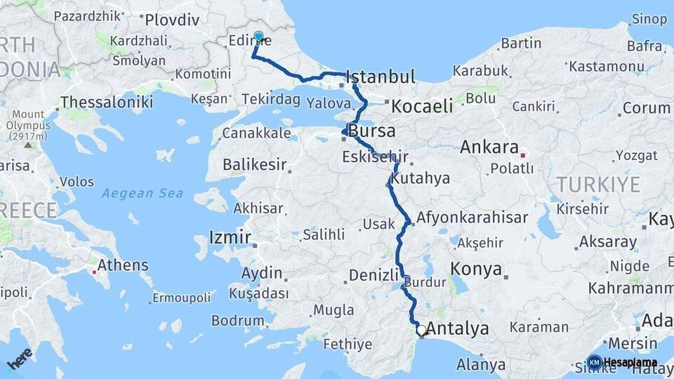 Kırklareli Antalya Arası Kaç Km - Yol Haritası