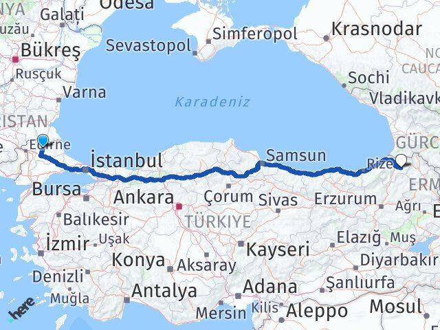 Kırklareli Ardanuç Artvin Arası Kaç Km - Yol Haritası