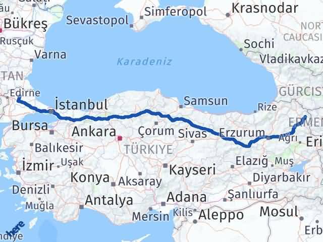 Kırklareli Arpaçay Kars Arası Kaç Km - Yol Haritası