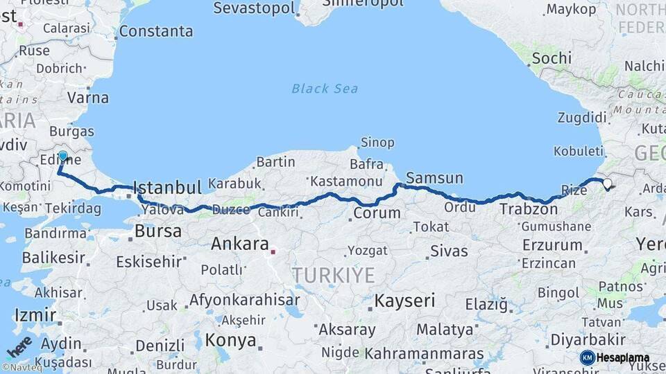 Kırklareli Artvin Arası Kaç Km - Yol Haritası