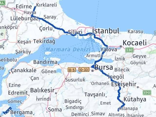 Kırklareli Aslanapa Kütahya Arası Kaç Km - Yol Haritası