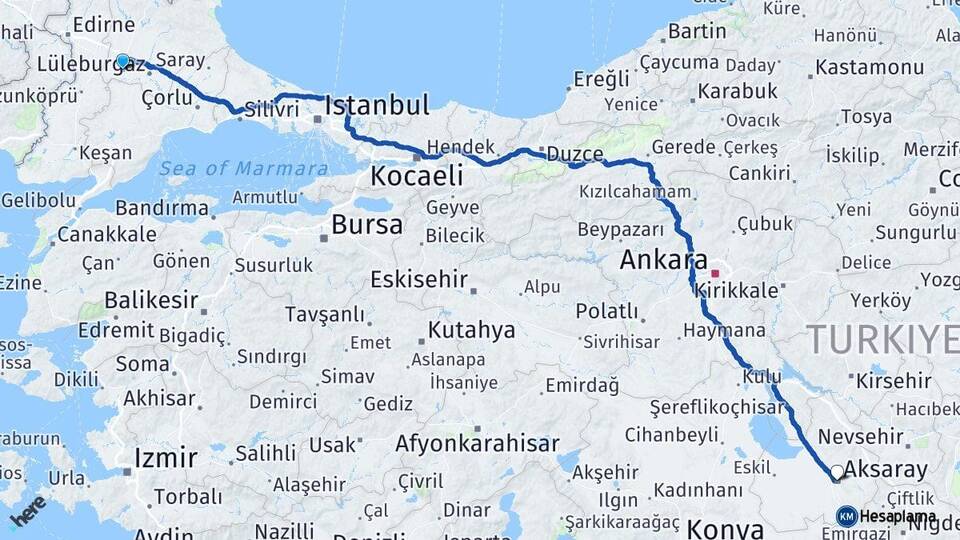 Kırklareli Babaeski Aksaray Arası Kaç Km - Yol Haritası