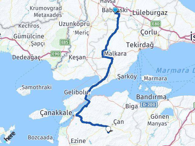 Kırklareli Babaeski Bardakçılar Çan Çanakkale Arası Kaç Km - Yol Haritası