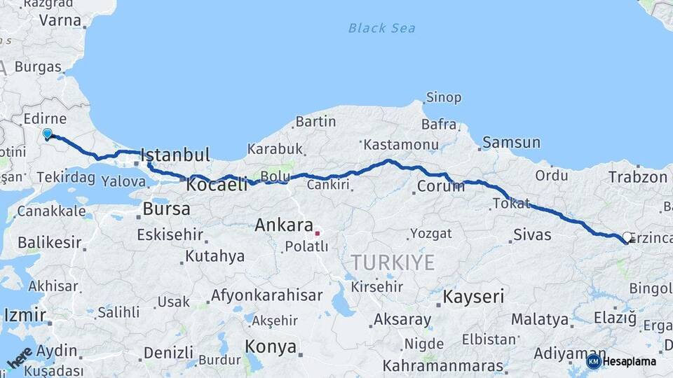 Kırklareli Babaeski Erzincan Arası Kaç Km - Yol Haritası