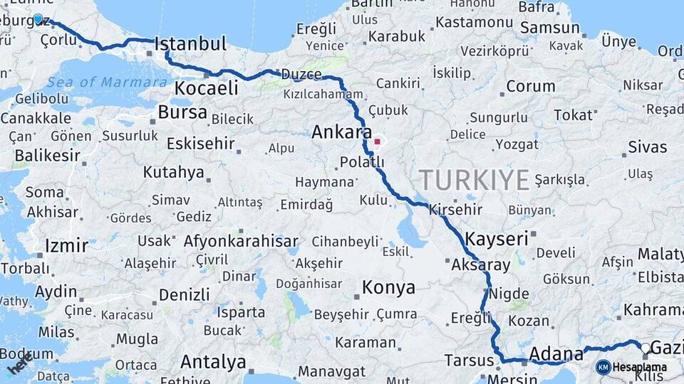 Kırklareli Babaeski Gaziantep Arası Kaç Km - Yol Haritası