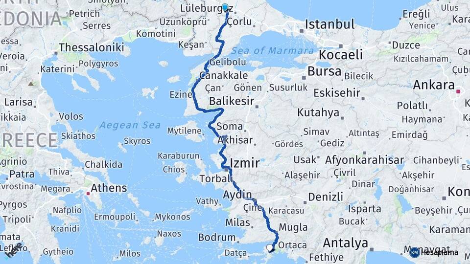 Kırklareli Babaeski İçmeler Marmaris Muğla Arası Kaç Km - Yol Haritası