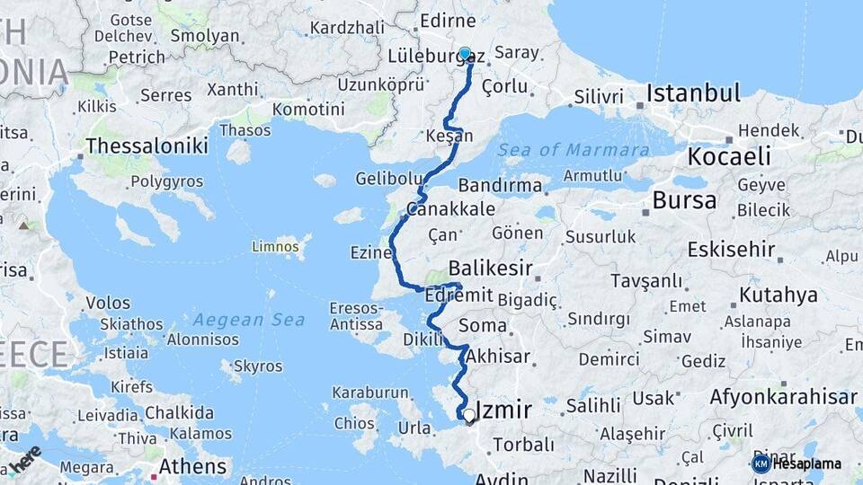 Kırklareli Babaeski İzmir Arası Kaç Km - Yol Haritası