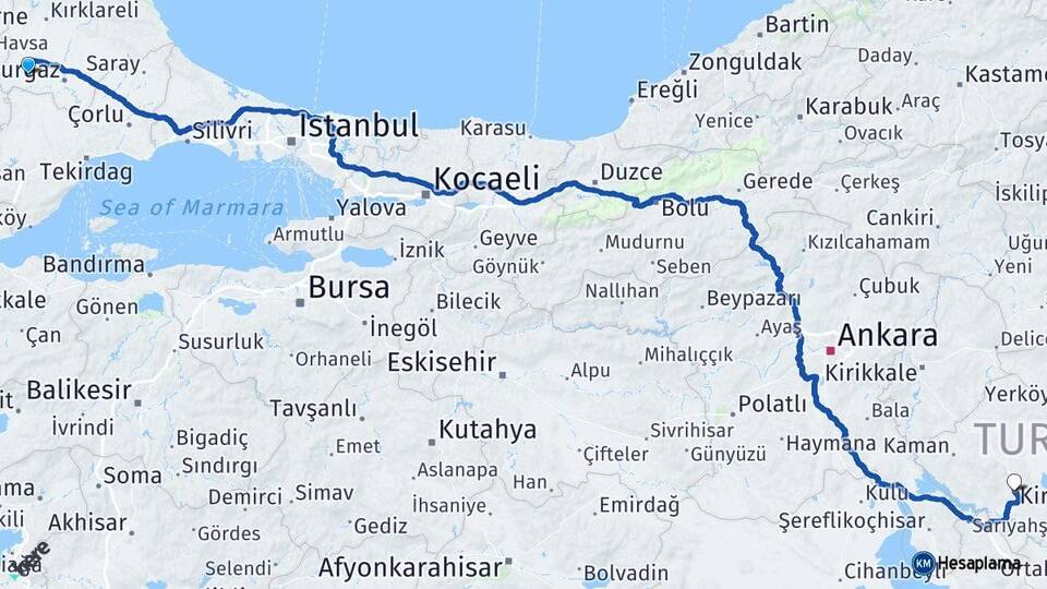 Kırklareli Babaeski Kırşehir Arası Kaç Km - Yol Haritası