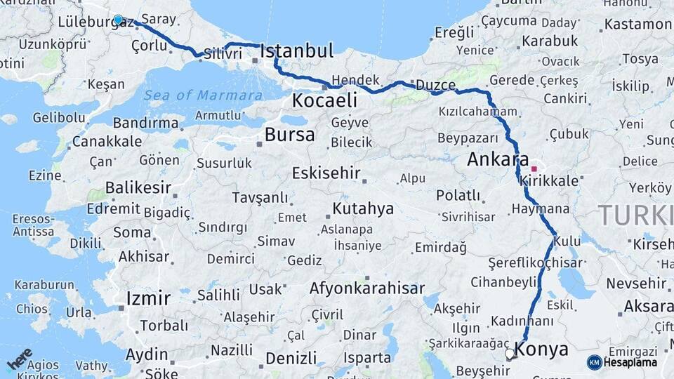 Kırklareli Babaeski Konya Arası Kaç Km - Yol Haritası