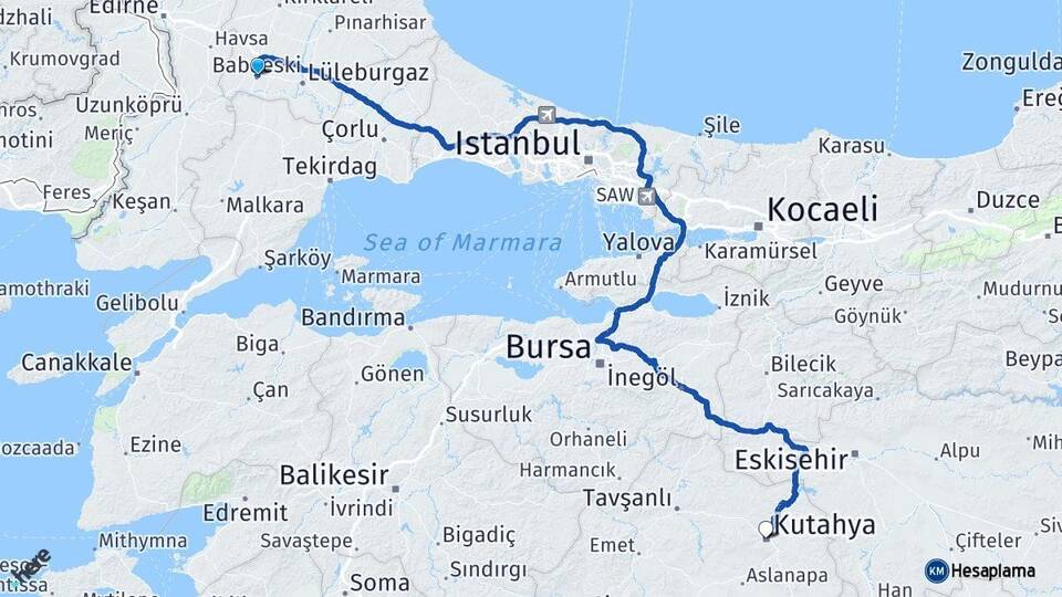 Kırklareli Babaeski Kütahya Arası Kaç Km - Yol Haritası