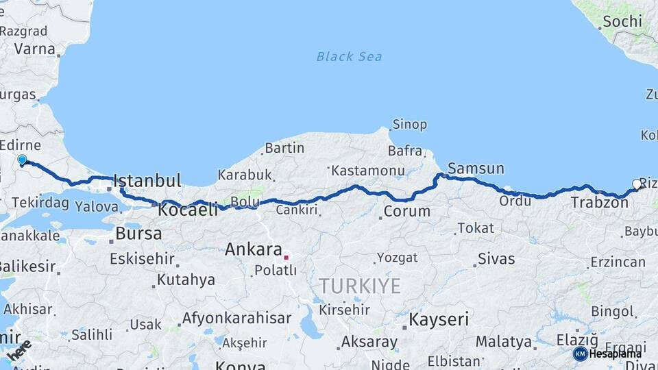 Kırklareli Babaeski Rize Arası Kaç Km - Yol Haritası