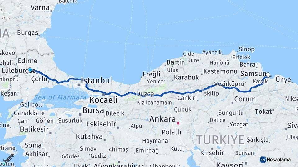 Kırklareli Babaeski Samsun Arası Kaç Km - Yol Haritası