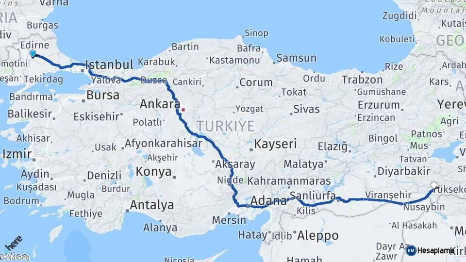 Kırklareli Babaeski Şırnak Arası Kaç Km - Yol Haritası