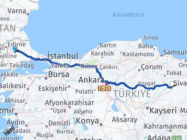 Kırklareli Babaeski Sivas Arası Kaç Km - Yol Haritası