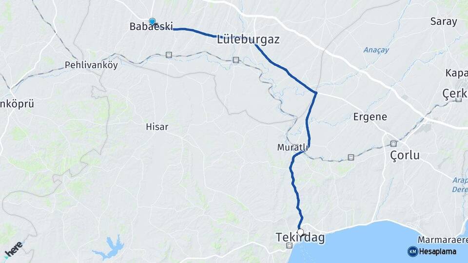 Kırklareli Babaeski Tekirdağ Arası Kaç Km - Yol Haritası