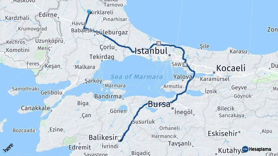 Kırklareli Balıkesir Arası Kaç Km - Yol Haritası