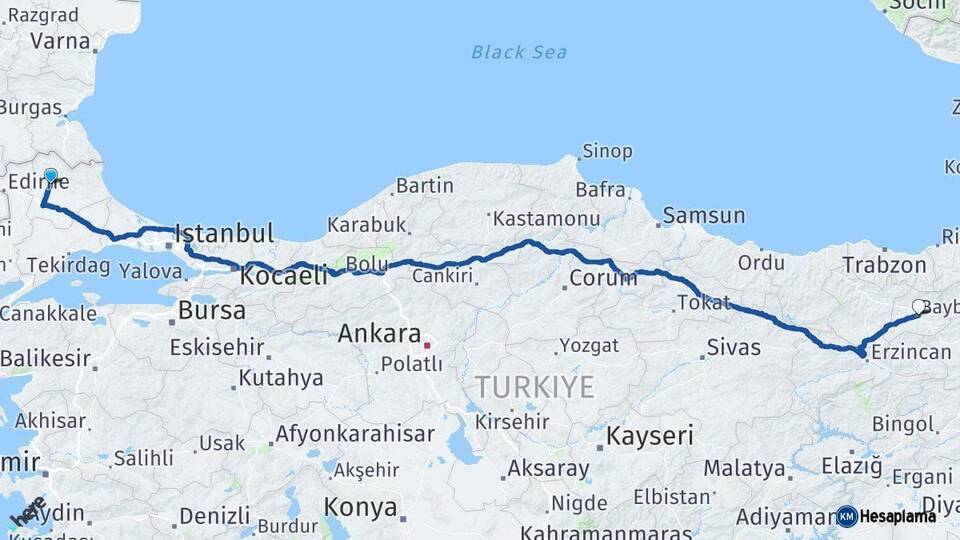 Kırklareli Bayburt Arası Kaç Km - Yol Haritası