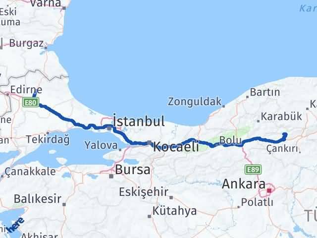 Kırklareli Bayramören Çankırı Arası Kaç Km - Yol Haritası