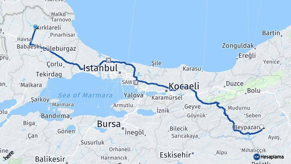 Kırklareli Beypazarı Ankara Arası Kaç Km - Yol Haritası