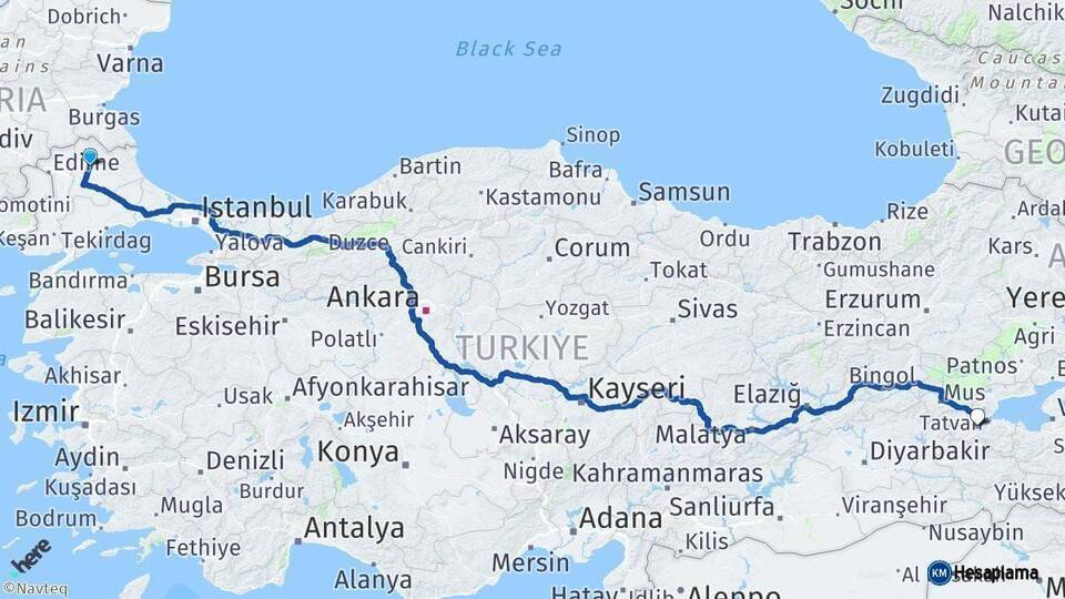 Kırklareli Bitlis Arası Kaç Km - Yol Haritası