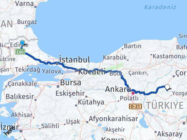 Kırklareli Boğazkale Çorum Arası Kaç Km - Yol Haritası