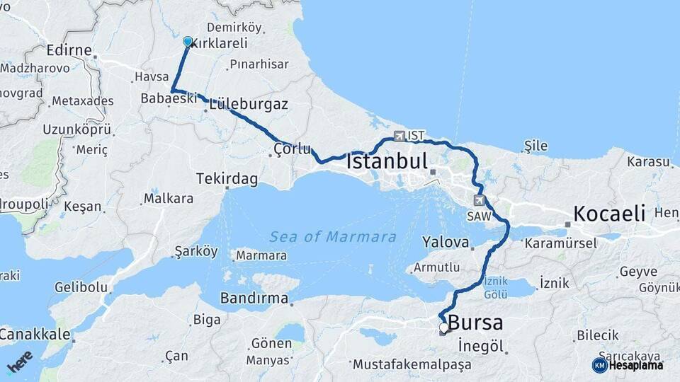 Kırklareli Bursa Arası Kaç Km - Yol Haritası