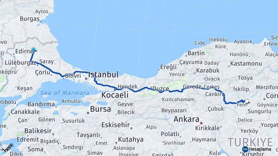 Kırklareli Büyükerikli Uğurludağ Çorum Arası Kaç Km - Yol Haritası