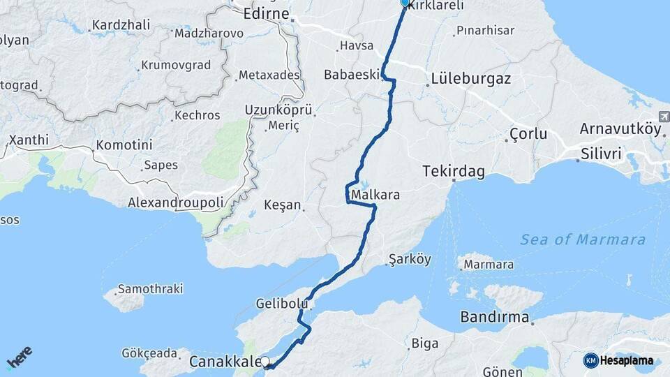 Kırklareli Çanakkale Arası Kaç Km - Yol Haritası
