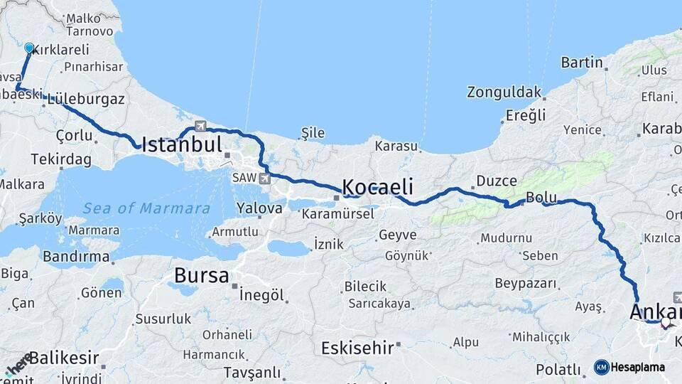 Kırklareli Çankaya Ankara Arası Kaç Km - Yol Haritası