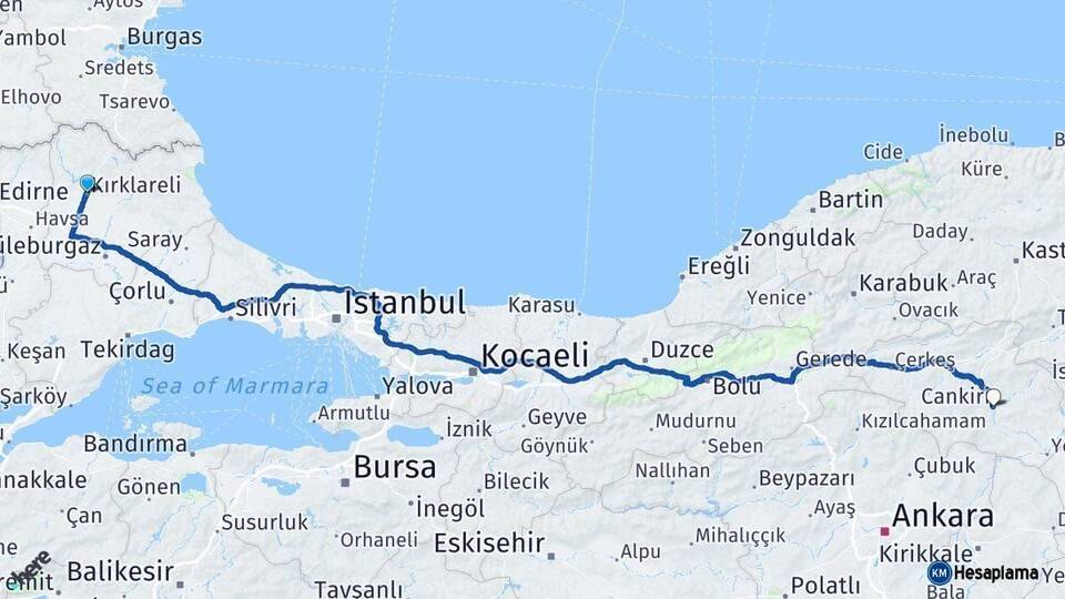 Kırklareli Çankırı Arası Kaç Km - Yol Haritası