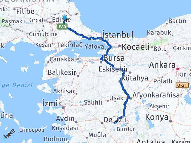 Kırklareli Çardak Denizli Arası Kaç Km - Yol Haritası