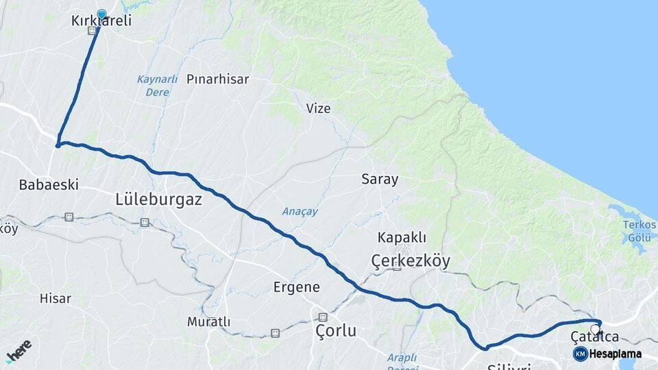 Kırklareli Çatalca İstanbul Arası Kaç Km - Yol Haritası