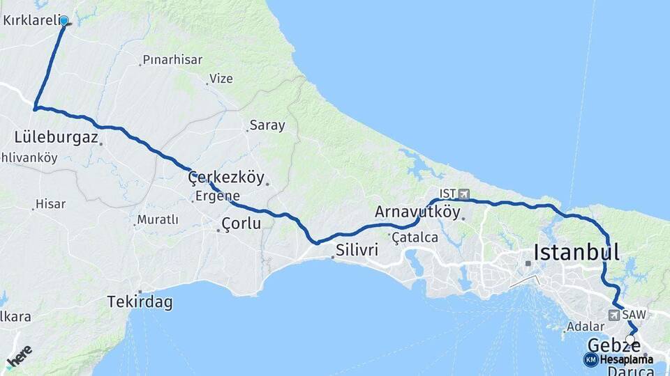 Kırklareli Çayırova Kocaeli Arası Kaç Km - Yol Haritası