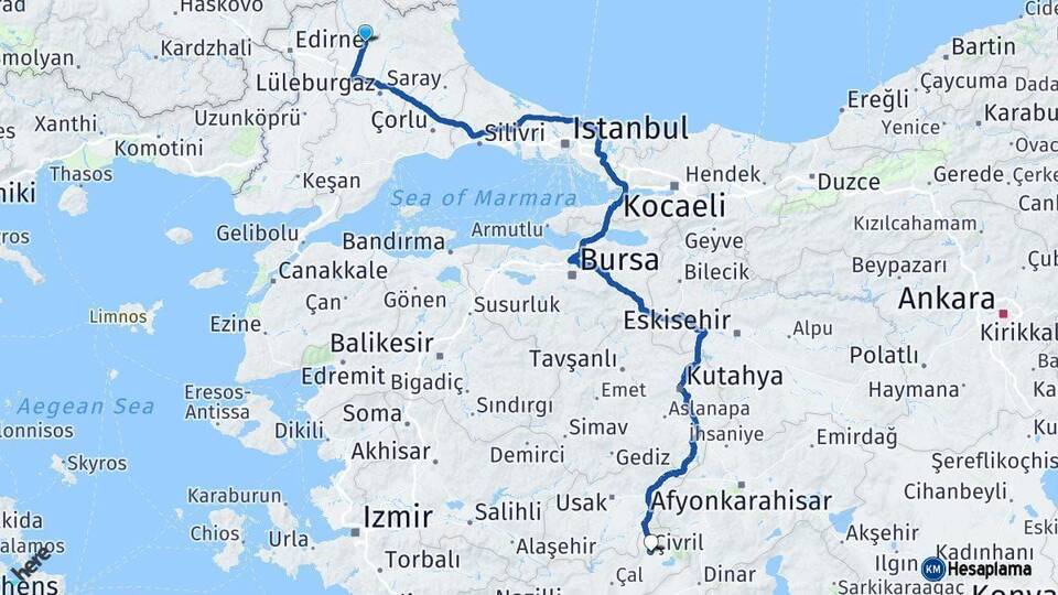 Kırklareli Çivril Denizli Arası Kaç Km - Yol Haritası