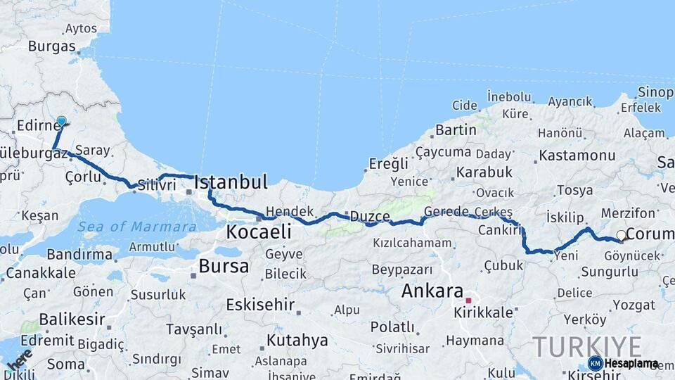 Kırklareli Çorum Arası Kaç Km - Yol Haritası