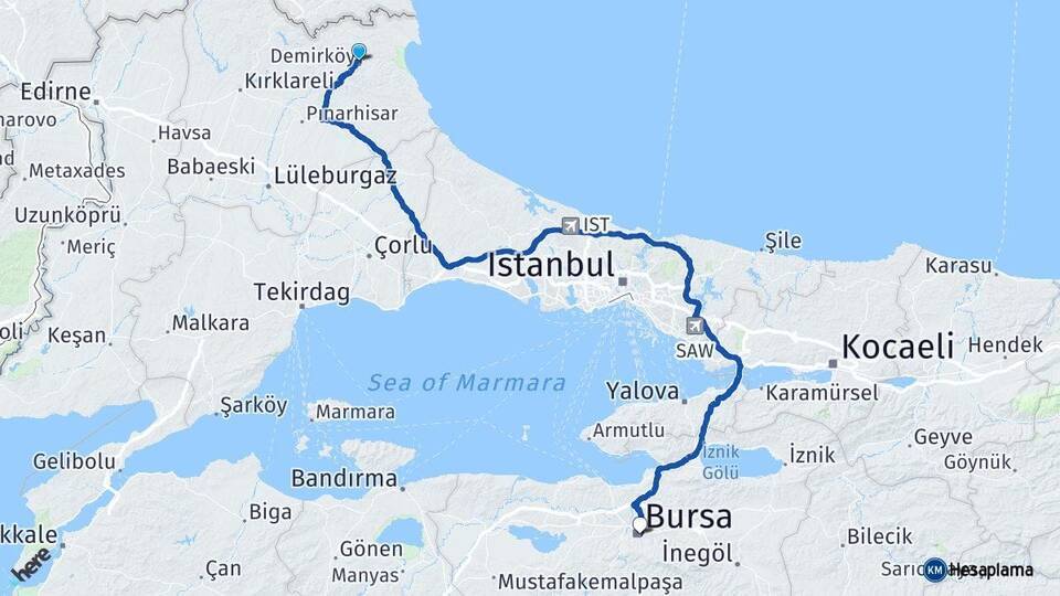 Demirköy Bursa Arası Kaç Km - Yol Tarifi